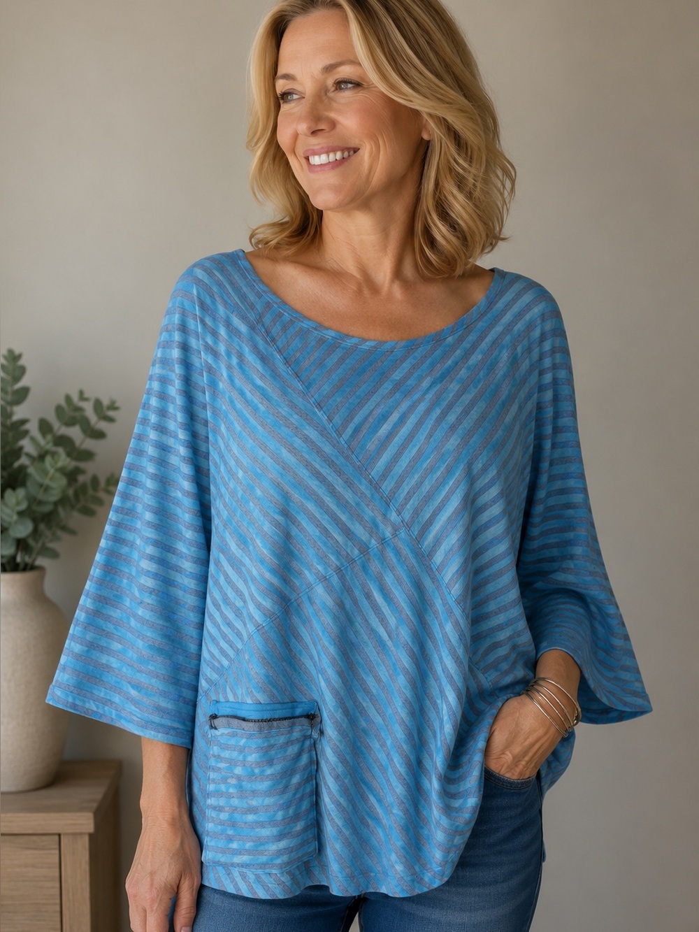 Ali Miles Plus Sz 3X Aqua Blue Tie Dye Gray Stripe Long Sleeve Zip Pocket Top